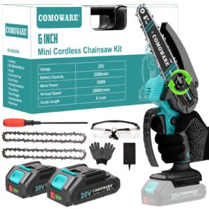 COMOWARE Mini Chainsaw Cordless, 6" Small Chainsaw with 2Pcs 2.0Ah Batteries, Portable Hand Chainsaw, Mini Chainsaw 6 Inch Cordless, Handheld Chainsaw Battery Powered for Tree Branch Trimming