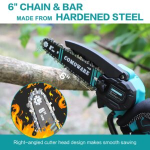 COMOWARE Mini Chainsaw Cordless, 6" Small Chainsaw with 2Pcs 2.0Ah Batteries, Portable Hand Chainsaw, Mini Chainsaw 6 Inch Cordless, Handheld Chainsaw Battery Powered for Tree Branch Trimming