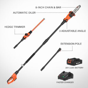 Pole Saw 8-Inch Cordless Pole Saws for Tree Trimming and 18-Inch Pole Hedge Trimmer 2-in-1, 15-Feet MAX Reach, 16ft/s Speed, Auto Oiling Pole Chainsaw with 20V 2.0Ah Battery & Charger