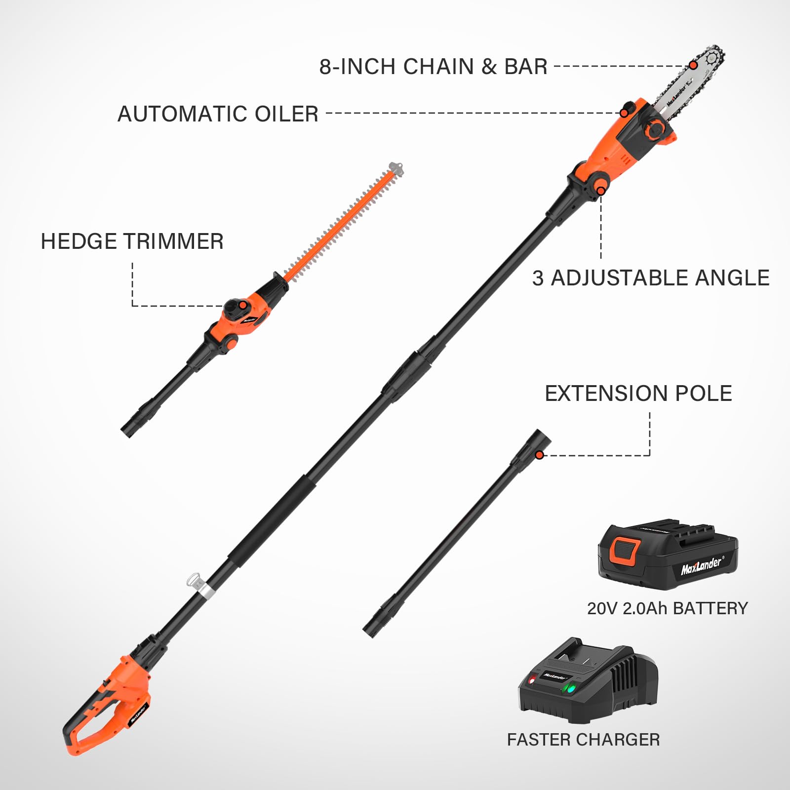 Pole Saw 8-Inch Cordless Pole Saws for Tree Trimming and 18-Inch Pole Hedge Trimmer 2-in-1, 15-Feet MAX Reach, 16ft/s Speed, Auto Oiling Pole Chainsaw with 20V 2.0Ah Battery & Charger
