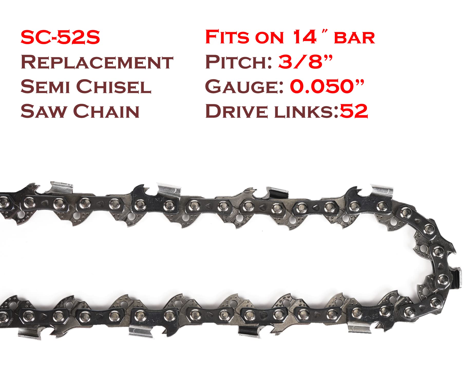 Reliable Replacement SC-S52 14-Inch Semi Chisel Saw Chain, Pitch: 3/8", gauge: .050", drive link count: 52, Compatible for Craftsman Homelite Poulan Remington Ryobi Echo and more