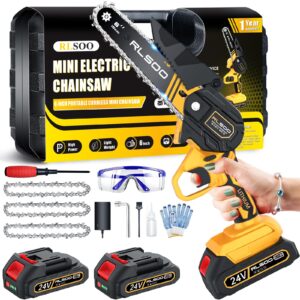 mini chainsaw 6 inch, rlsoo upgraded portable electric chainsaw cordless, handheld small chainsaw for tree trimming wood cutting, courtyard and garden (2 batteries and 3 chains included)