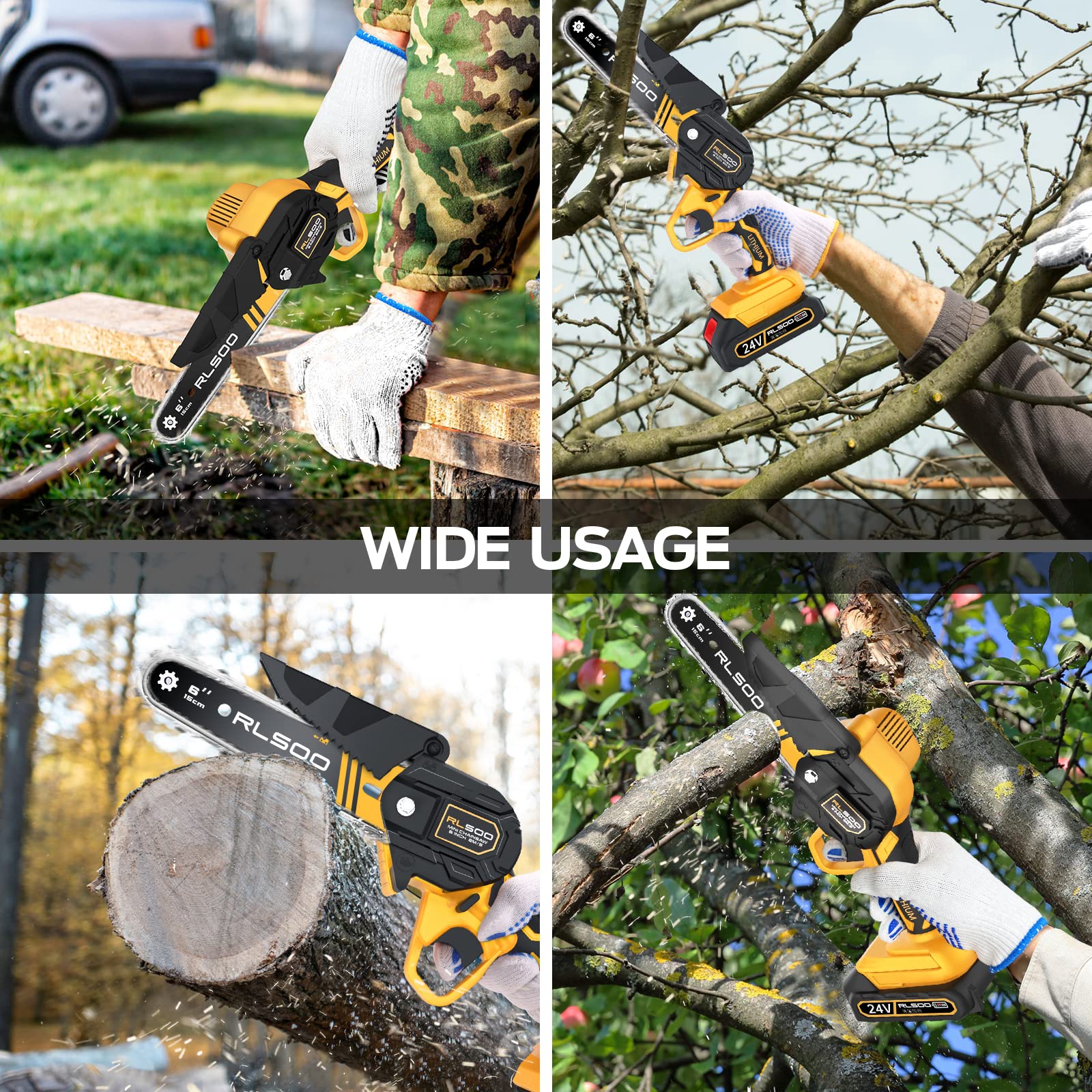 Mini Chainsaw 6 Inch, RLSOO Upgraded Portable Electric Chainsaw Cordless, Handheld Small Chainsaw for Tree Trimming Wood Cutting, Courtyard and Garden (2 Batteries and 3 Chains Included)