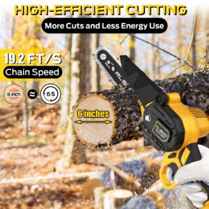 Mini Chainsaw 6 Inch, RLSOO Upgraded Portable Electric Chainsaw Cordless, Handheld Small Chainsaw for Tree Trimming Wood Cutting, Courtyard and Garden (2 Batteries and 3 Chains Included)