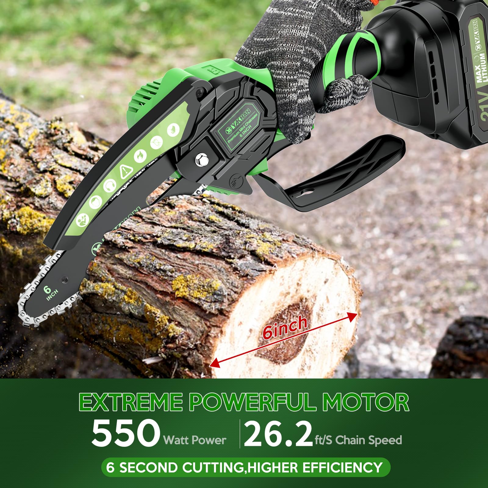 YAKHAN Mini Chainsaw 6-Inch with 2 Battery,Cordless Handheld Chainsaw with Security Lock for Tree Trimming Courtyard and Garden Wood Cutting,Portable Power display ChainSaw for Garden Maintenance