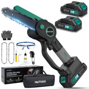 NaTiddy Mini Chainsaw Cordless, 6 Inch Portable Electric Chainsaw, 21V Battery Powered Small Handheld Chain Saw with Splash Guard for Wood Cutting, Tree Trimming (2 Batteries & 2 Chains)