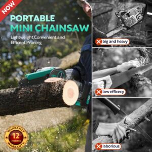 NaTiddy Mini Chainsaw Cordless, 6 Inch Portable Electric Chainsaw, 21V Battery Powered Small Handheld Chain Saw with Splash Guard for Wood Cutting, Tree Trimming (2 Batteries & 2 Chains)