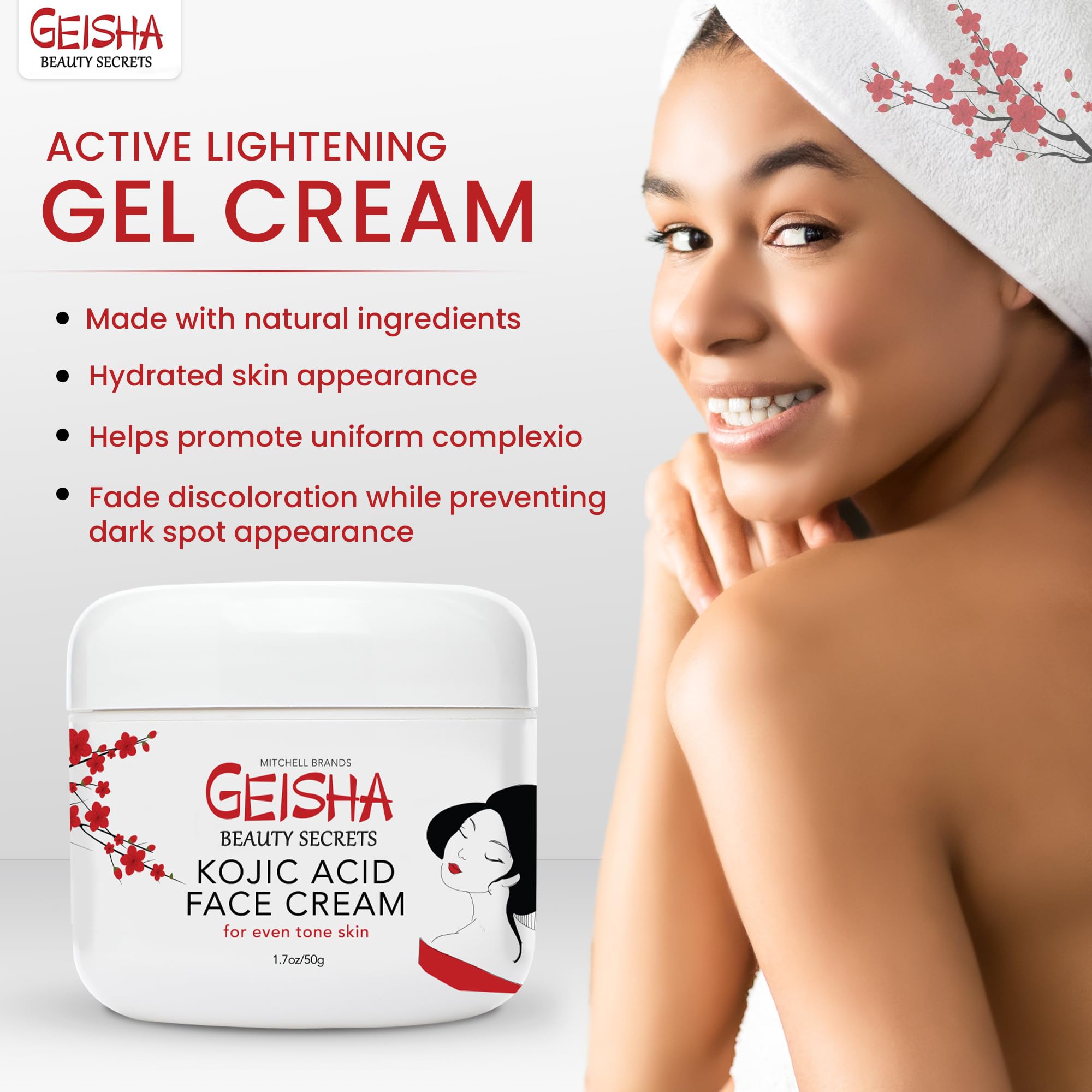 OMIC Geisha Kojic Acid Cream - 1.7 fl oz / 50 ml - Skin Brightening Cream for Face, Body, Hands - with Glycolic Acid