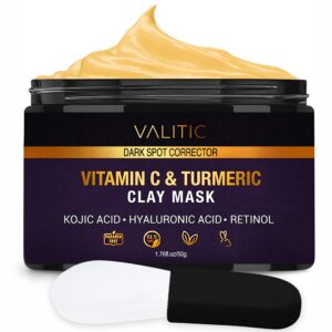 valitic vitamin c & turmeric clay mask - dark spot corrector with kojic acid, hyaluronic acid & retinol - skin care routine for minimizing pores & blackheads - with applicator brush - 50g