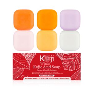 koji white kojic acid skin brighten & glowing soap, gift set for women with kojic acid, papaya, glutathione, vitamin c, collagen, hyaluronic for hydrating facial & body, vegan soap, 2.8 oz (6 bars)