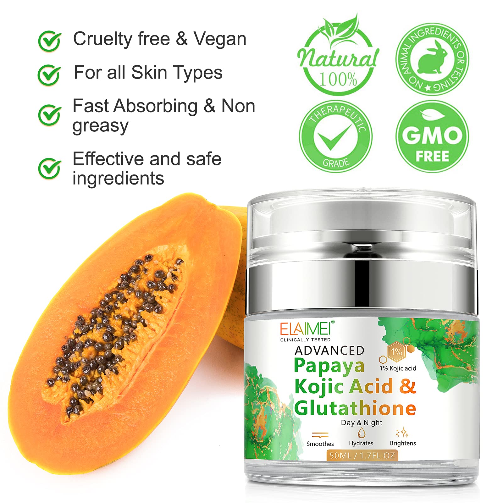 Cream for Face, Papaya Kojic Acid Glutathione Natural Skin Nourishing Resurfacing Face Cream, Day&Night Moisturizing Skin Cream, Brighting Dark Spots, Intensely Hydrating, Provide Elastic and Youthful