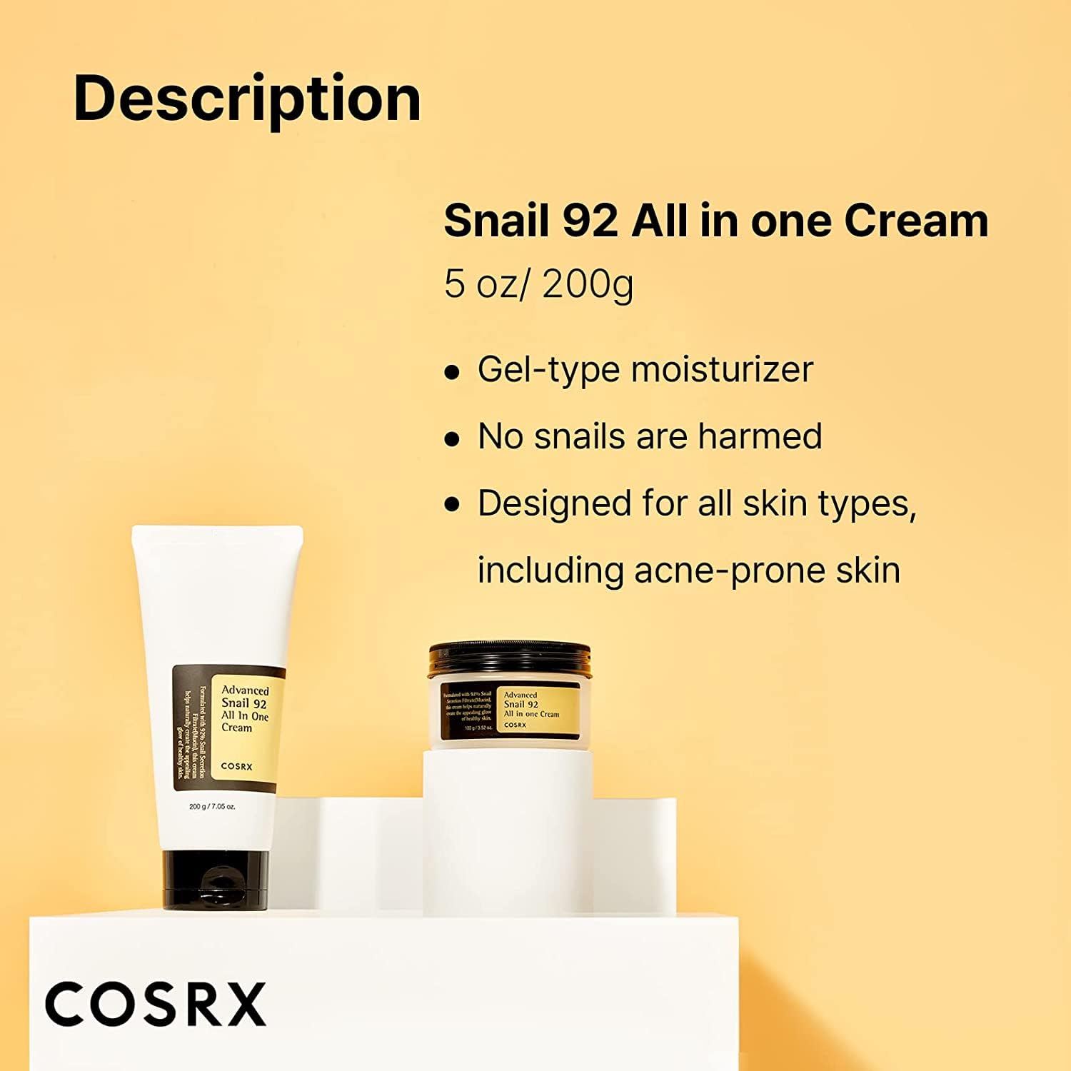 COSRX Snail Mucin 92% Moisturizer, Daily Repair Face Gel Cream Tube Type for Dry, Sensitive Skin, Not Tested on Animals, No Parabens, No Sulfates, No Phthalates, Korean Skincare (7.05Fl Oz / 200g)