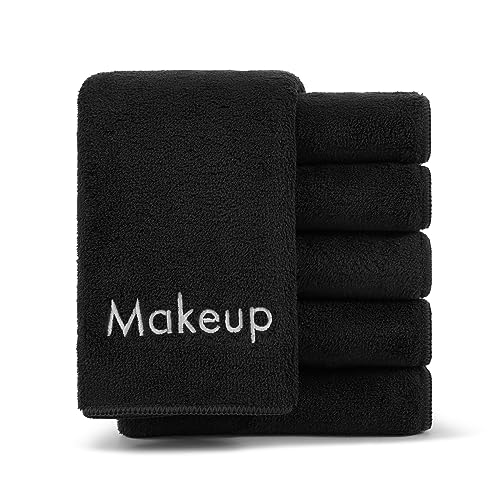 Arkwright Makeup Remover Wash Cloth - Pack of 6 - Ultra Soft & Gentle Microfiber Coral Fleece Small Fingertip Towels, Decorative Powder Room & Guest Bathroom Essentials for Hosts, 11 x 17 in, Black