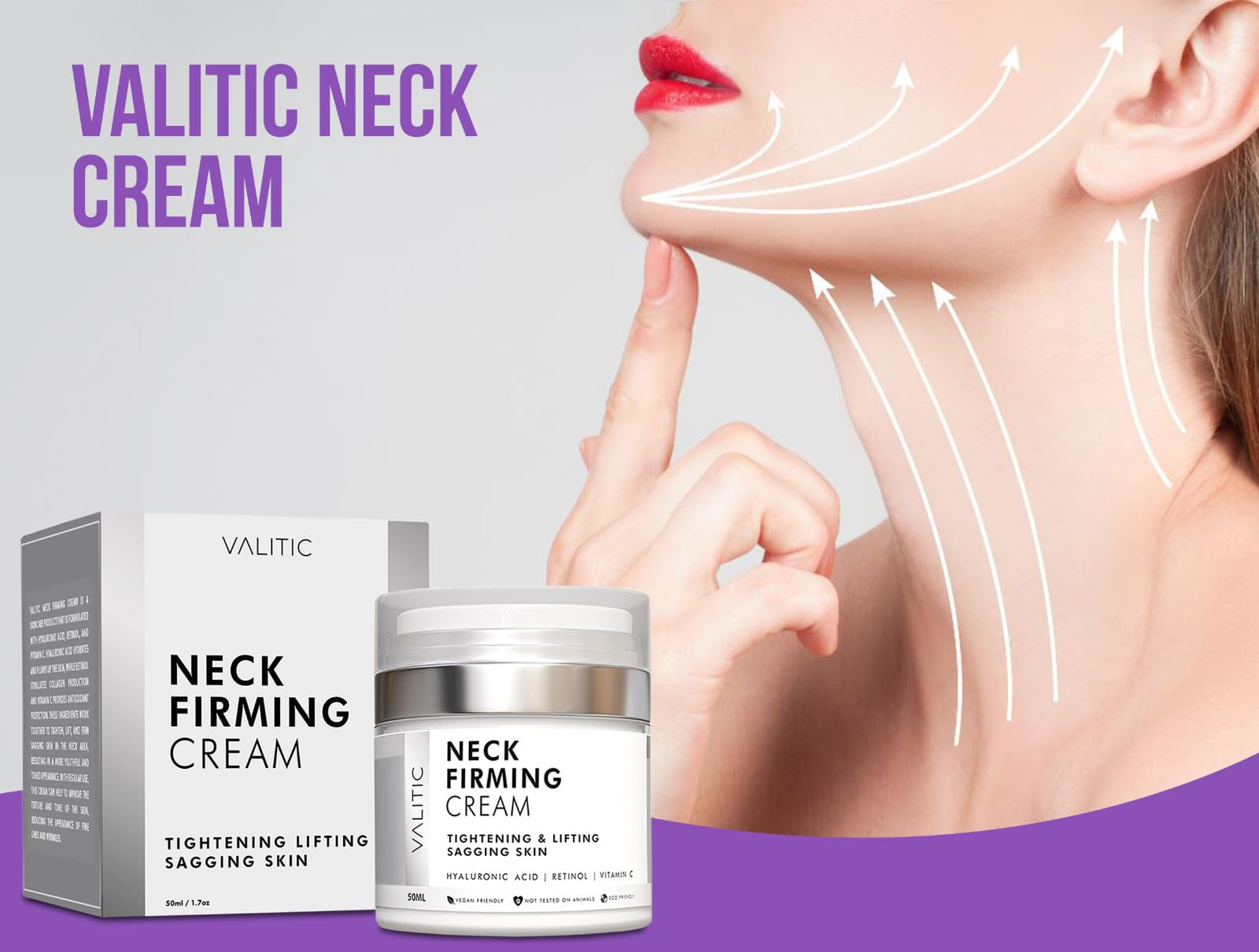 VALITIC Neck Cream for Tightening and Firming - Hyaluronic Acid, Retinol, and Vitamin C - Anti Aging Tightening & Lifting Sagging Skin Day and Night Cream