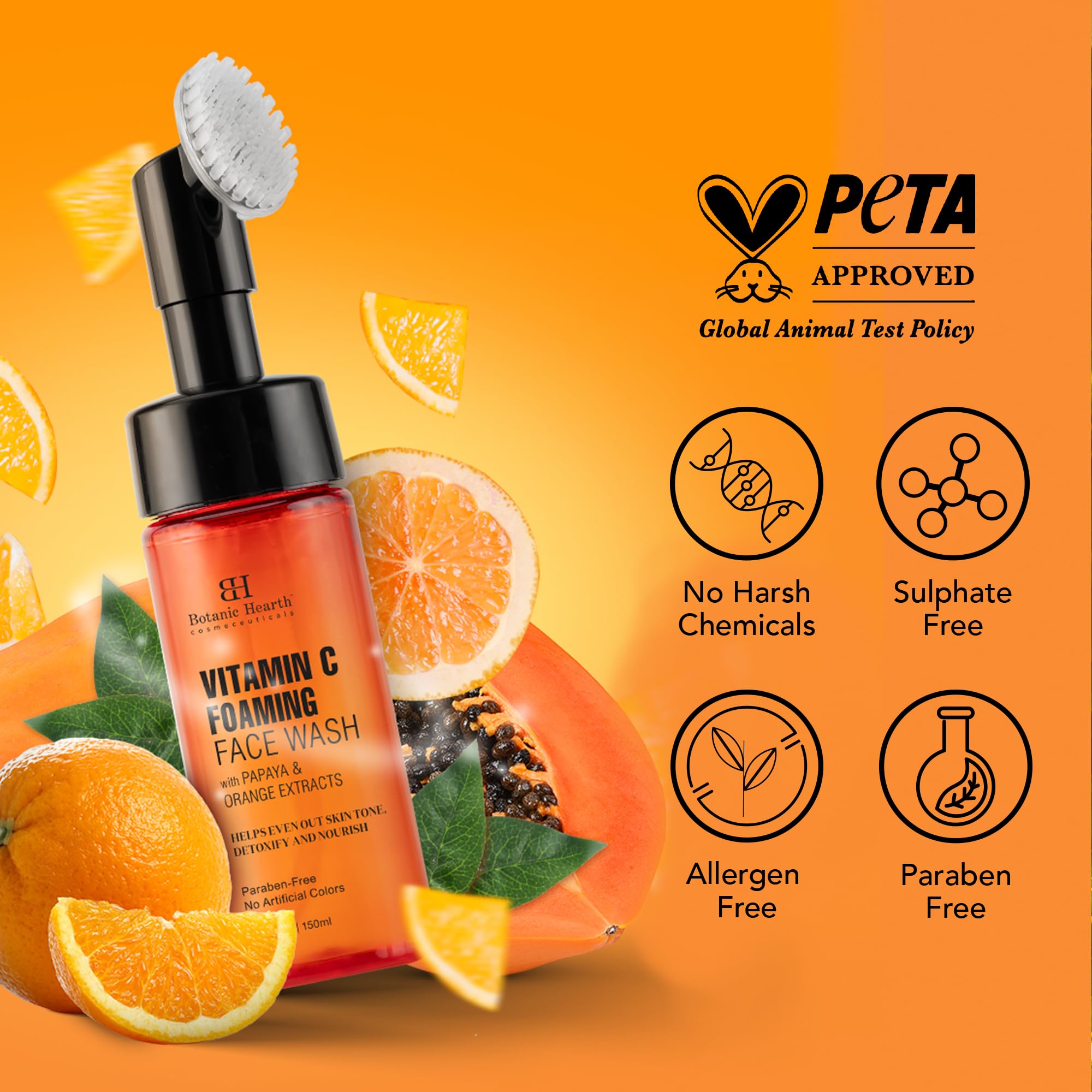 Botanic Hearth Vitamin C Foaming Face Wash with Papaya & Orange | Extracts Built-In Silicone Brush | Cleansing & Glowing Skin | Paraben & Sulphate Free | Face Cleanser for Women & Men | 5.1 fl oz