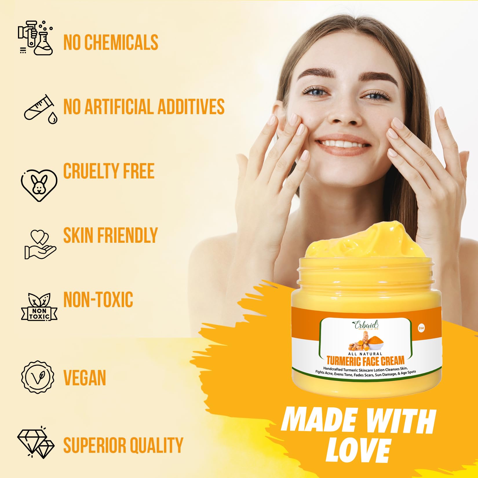 Turmeric Face Cream for Face & Body - All Natural Turmeric Skin Brightening Lotion - Turmeric Cleanses Skin, Fights Acne, Evens Tone, Fades Scars, Sun Damage, & Age Spots - Handcrafted Made in USA