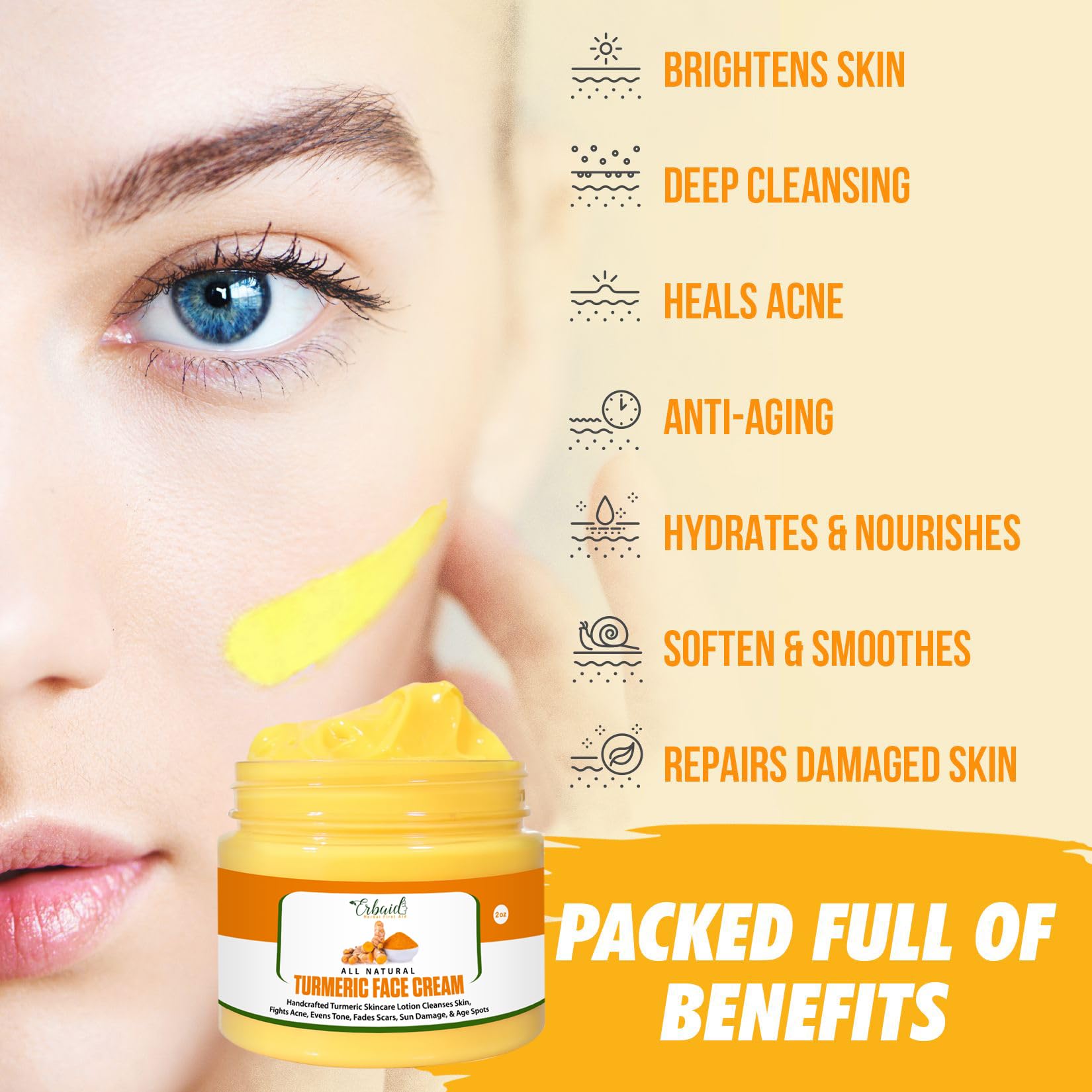 Turmeric Face Cream for Face & Body - All Natural Turmeric Skin Brightening Lotion - Turmeric Cleanses Skin, Fights Acne, Evens Tone, Fades Scars, Sun Damage, & Age Spots - Handcrafted Made in USA