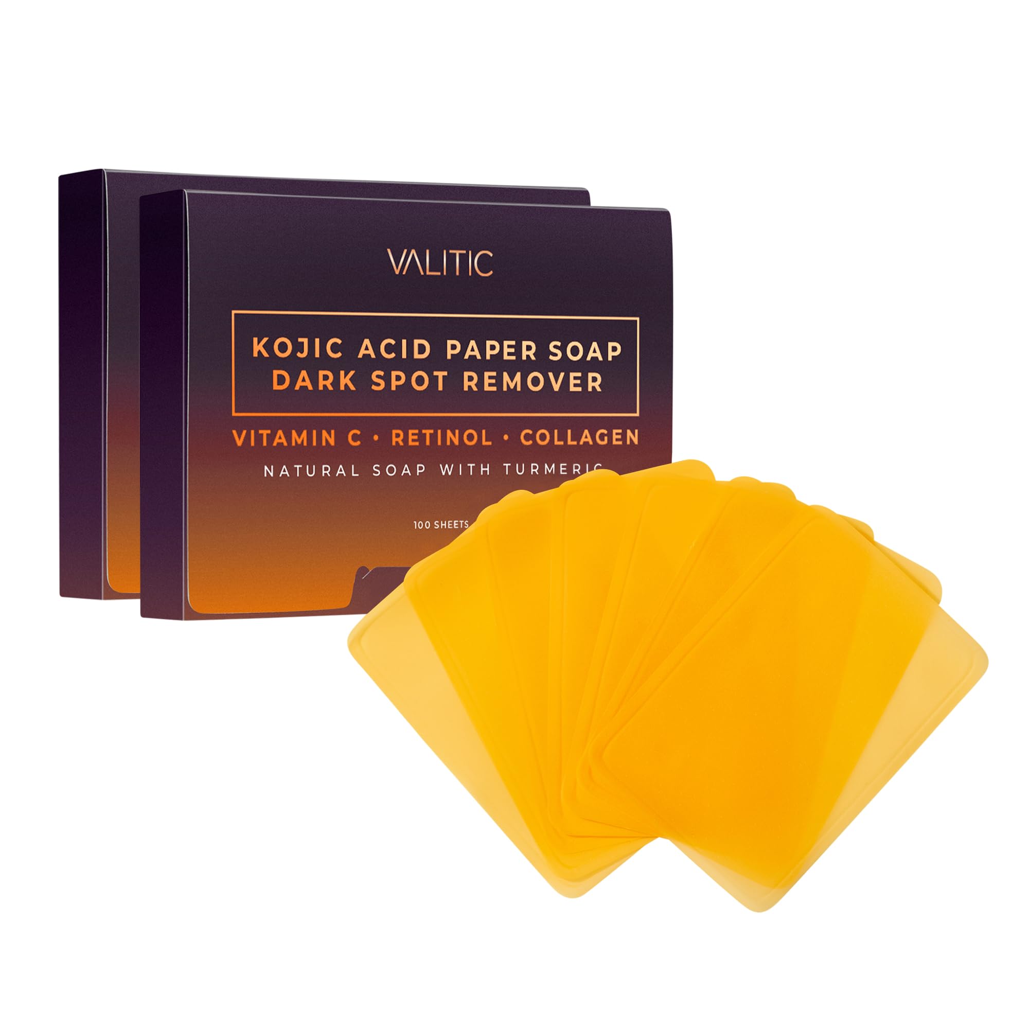 VALITIC Kojic Acid Dark Spot Corrector Paper Soap - Travel Size - 100 Portable and Dissolvable Soap Sheets - with Vitamin C, Retinol, Collagen and Turmeric - 2 Pack