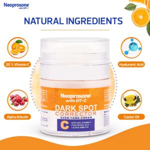 Neoprosone 20% Vitamin C Dark Spot Corrector Cream - 1 Fl oz / 30ml - Skin Brightening Gel Cream - with Hyaluronic Acid, Vitamin E