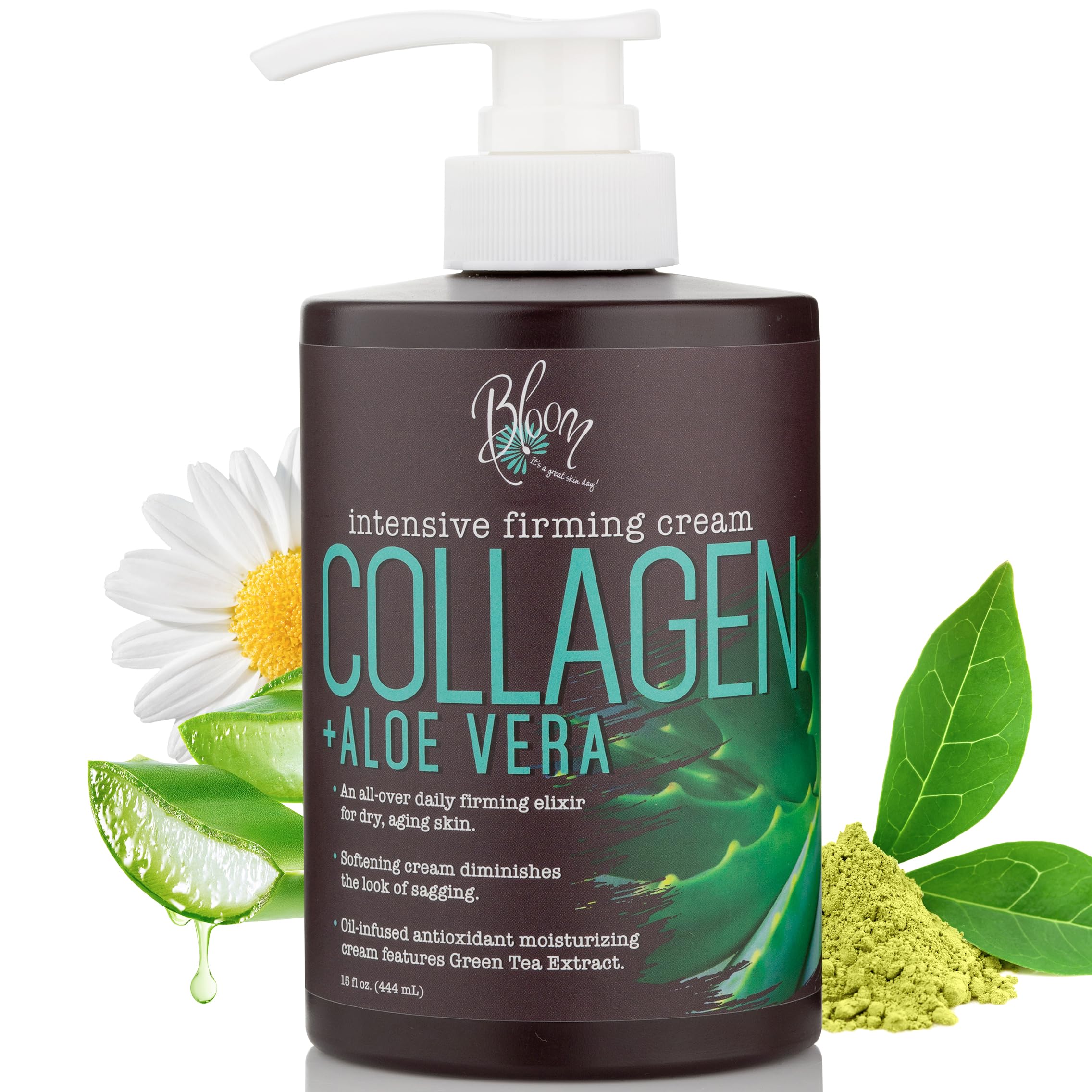 BLOOM Collagen Cream + Aloe Vera Moisturizer Body Lotion & Face Cream | Dry Skin Rescue Collagen Lotion | Skin Tightening Cream | Skin Firming + Tightening Lotion | Body Skin Care Products, 15 Oz