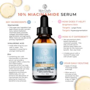 Skin Daily 10% Niacinamide Brightening Serum W/Zinc- Dark spot, Hyperpigmentation, Melasma Treatment for Face - Unlock Flawless Skin with Our Niacinamide Serum - The Secret to Your Best Skin Yet