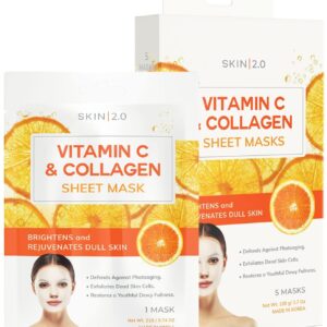 Skin 2.0 Vitamin C and Collagen Sheet Face Mask - Dermatologist Tested - Prevents Sun Damage, Reduces Acne Scars & Wrinkles, Brightening Sheet Mask - Korean Skin Care - All Skin Types - 5 Masks