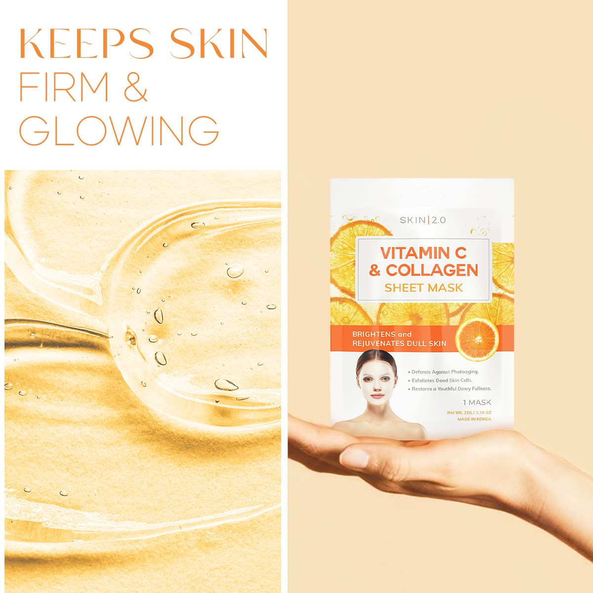 Skin 2.0 Vitamin C and Collagen Sheet Face Mask - Dermatologist Tested - Prevents Sun Damage, Reduces Acne Scars & Wrinkles, Brightening Sheet Mask - Korean Skin Care - All Skin Types - 5 Masks