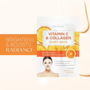 Skin 2.0 Vitamin C and Collagen Sheet Face Mask - Dermatologist Tested - Prevents Sun Damage, Reduces Acne Scars & Wrinkles, Brightening Sheet Mask - Korean Skin Care - All Skin Types - 5 Masks