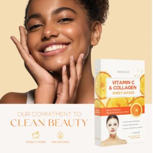 Skin 2.0 Vitamin C and Collagen Sheet Face Mask - Dermatologist Tested - Prevents Sun Damage, Reduces Acne Scars & Wrinkles, Brightening Sheet Mask - Korean Skin Care - All Skin Types - 5 Masks