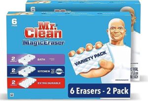 mr. clean magic eraser variety pack (with bath, kitchen, and extra durable cleaning pads), bathroom, shower, and oven cleaner, 12 count, 6 count (pack of 2)