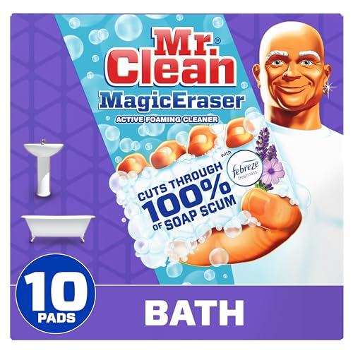 Mr. Clean Magic Eraser, Bathroom, Shower, and Shoe Cleaner with Febreze Lavender Scent, Cleaning Pads with Durafoam, 10 Count