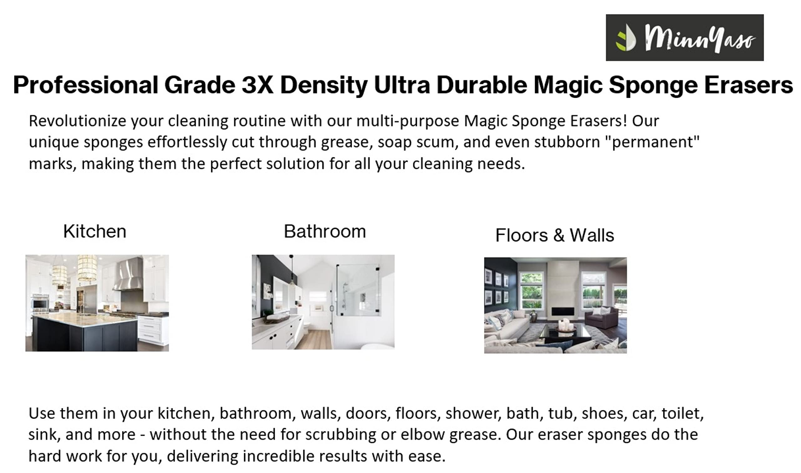 12 Pack 3X Density Ultra Durable Magic Sponge Erasers Professional Grade Multi Surface Scrubber Cleans Tough Dirt Scuffs Marks and Grime with No Chemicals Floor Wall Baseboard Bathroom Cleaner