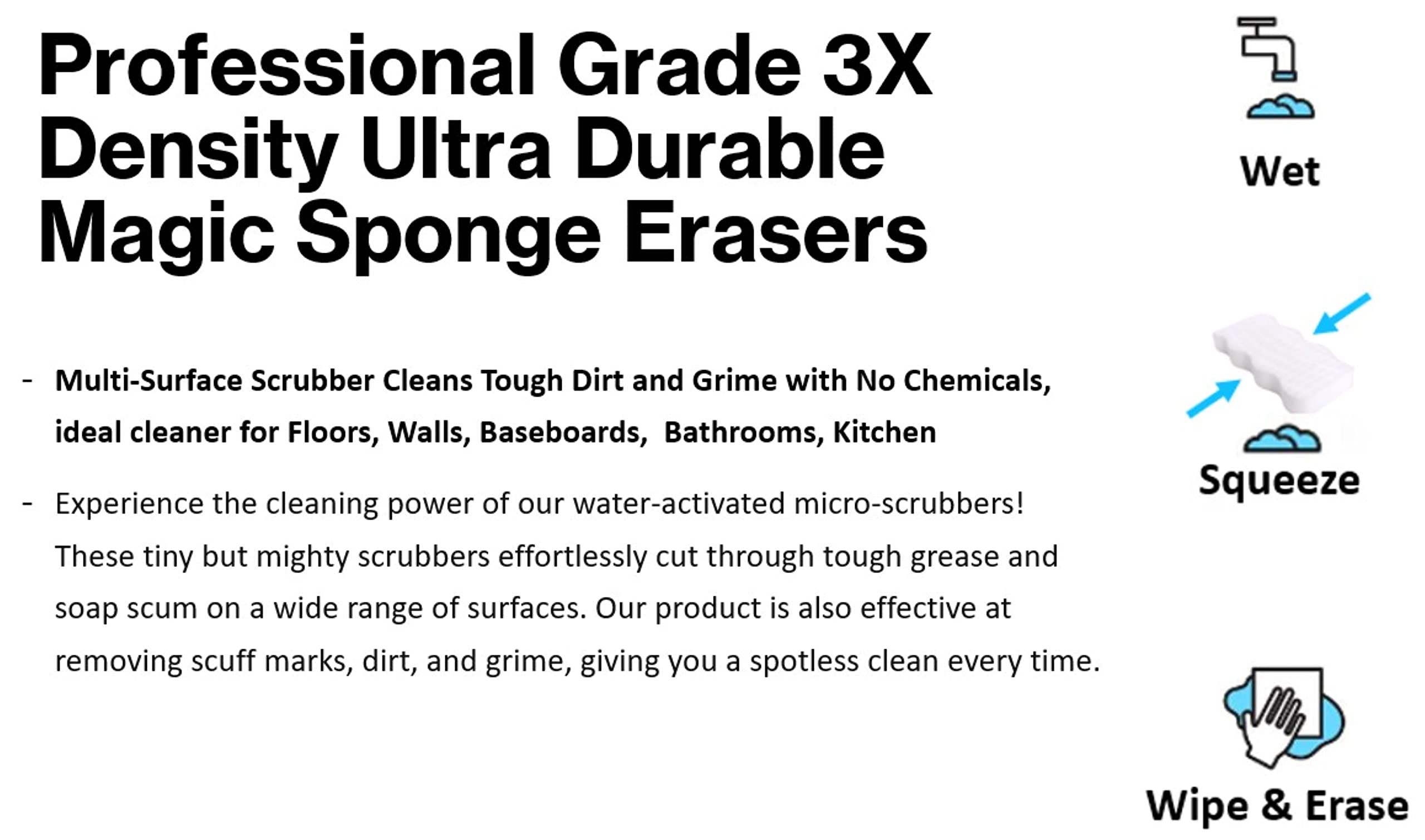 12 Pack 3X Density Ultra Durable Magic Sponge Erasers Professional Grade Multi Surface Scrubber Cleans Tough Dirt Scuffs Marks and Grime with No Chemicals Floor Wall Baseboard Bathroom Cleaner