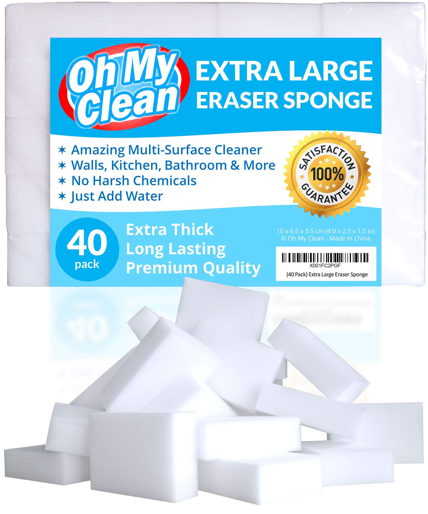 (40 Pack) Extra Large Eraser Sponge - Extra Thick, Long Lasting, Premium Melamine Sponges in Bulk - Multi Surface Power Scrubber Foam Cleaning Pads - Bathtub, Floor, Baseboard, Bathroom, Wall Cleaner