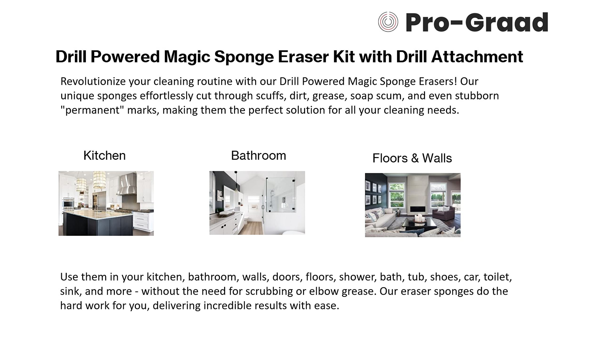 4.5” Drill Powered Magic Sponge Eraser 6 Pieces Kit with Drill Attachment | 25% Thicker Ultra Durable Melamine Cleaning Eraser Pads for Bathroom Kitchen Floors Walls Baseboards Crayon Marker and More