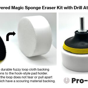 4.5” Drill Powered Magic Sponge Eraser 6 Pieces Kit with Drill Attachment | 25% Thicker Ultra Durable Melamine Cleaning Eraser Pads for Bathroom Kitchen Floors Walls Baseboards Crayon Marker and More