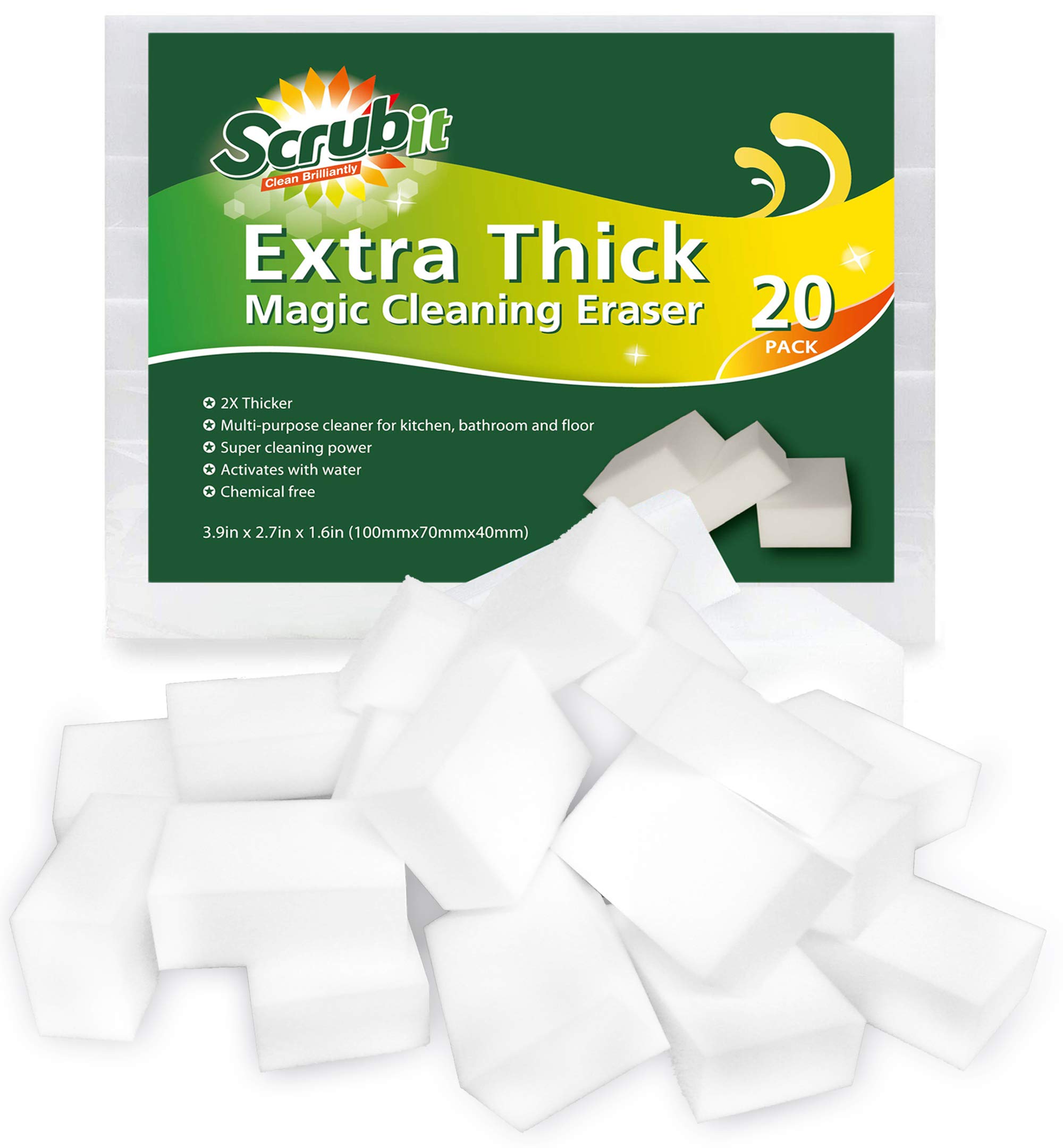 (20 Pack) Extra Thick Magic Sponge Eraser by SCRUBIT- Kitchen, Bathroom, Floor and Wall Cleaner - Miracle Melamine Cleaning Sponges- Durable Long Lasting Foam Scrubbing Pads for Tough Stains and Dirt