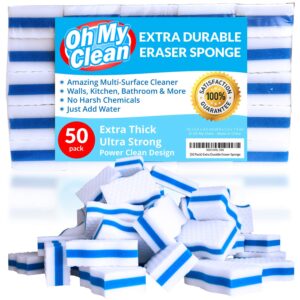 (50 pack) extra durable eraser sponge - extra thick, long lasting, premium melamine sponges in bulk - multi-purpose power scrubber - bathroom, kitchen, floor, bathtub, toilet, baseboard, wall cleaner