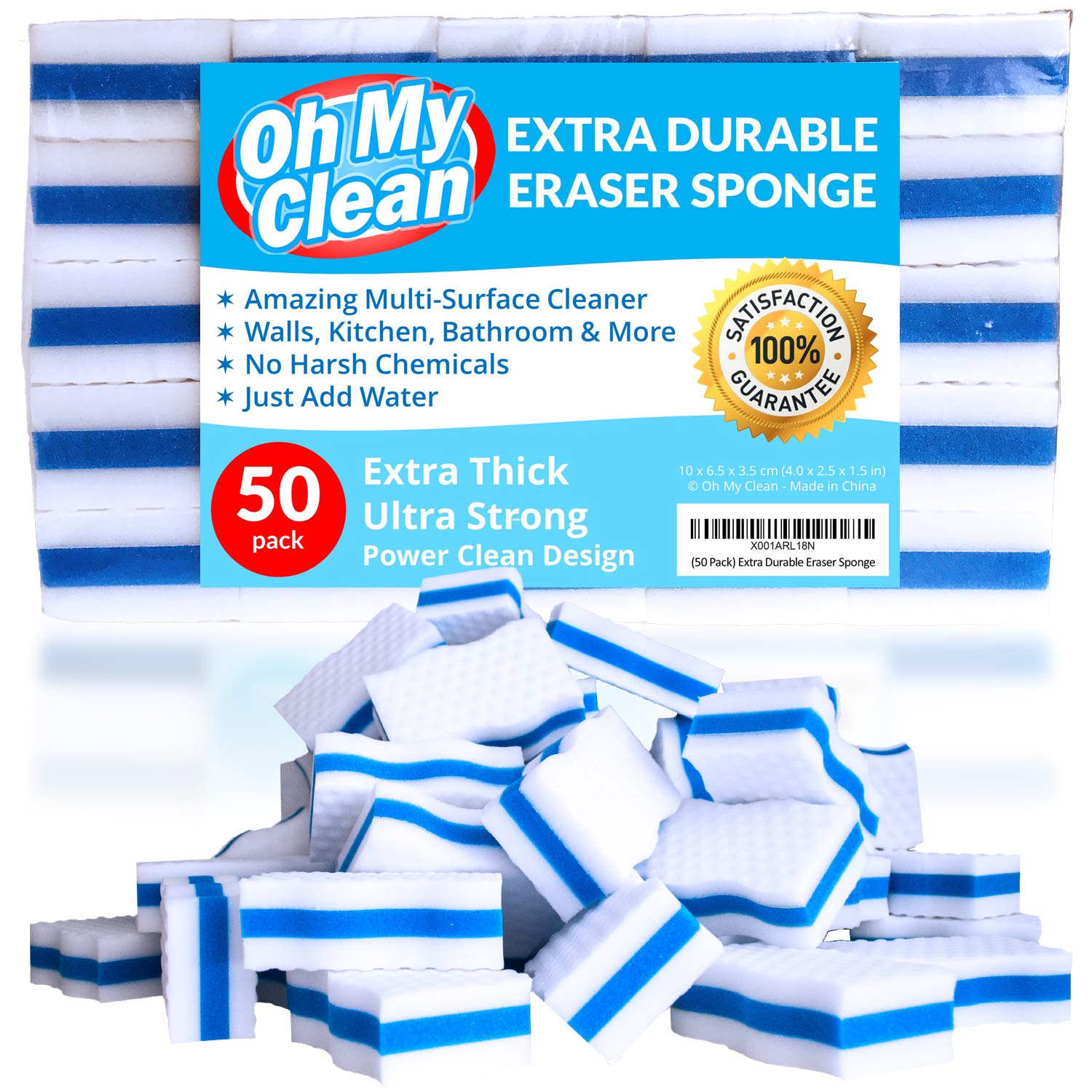 (50 Pack) Extra Durable Eraser Sponge - Extra Thick, Long Lasting, Premium Melamine Sponges in Bulk - Multi-Purpose Power Scrubber - Bathroom, Kitchen, Floor, Bathtub, Toilet, Baseboard, Wall Cleaner