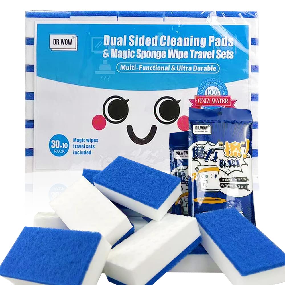 Dr.WOW 30 Pack Magic Sponges Plus 10 pcs Magic Wipes Travel Sets,Multi-Functional Premium Scrub Sponge,Dual-Sided Eraser Foam Cleaning Pads in Bulk