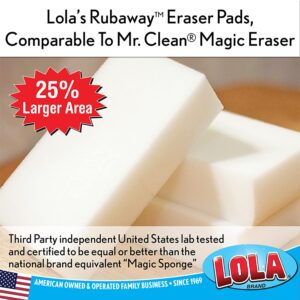 Lola Products Rubaway Eraser Pad, Melamine Sponge, Comparable to Popular Brand Eraser Pads, Powerfully Removes Soap Scum, Scuff Marks, Ink, 2 Pack