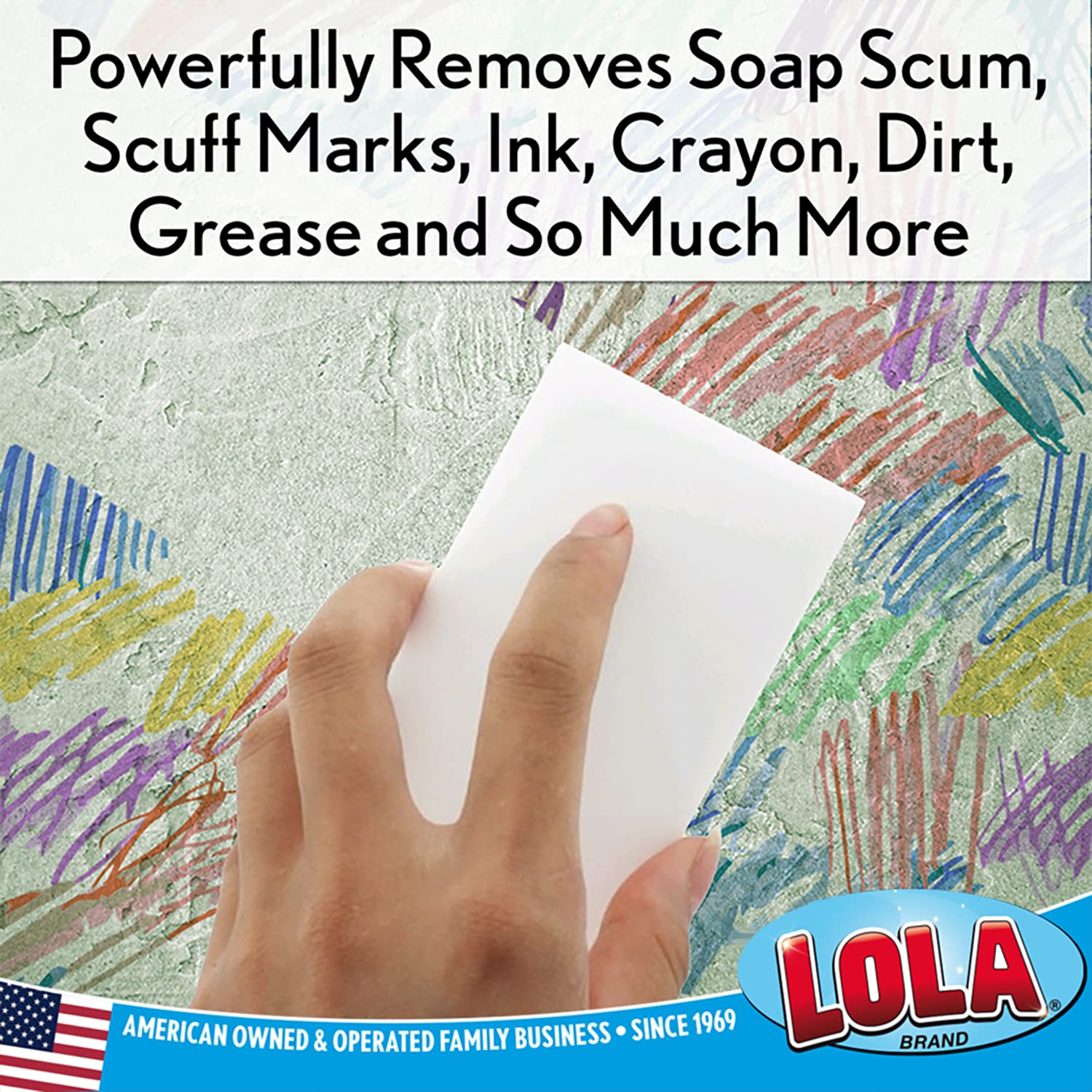 Lola Products Rubaway Eraser Pad, Melamine Sponge, Comparable to Popular Brand Eraser Pads, Powerfully Removes Soap Scum, Scuff Marks, Ink, 2 Pack