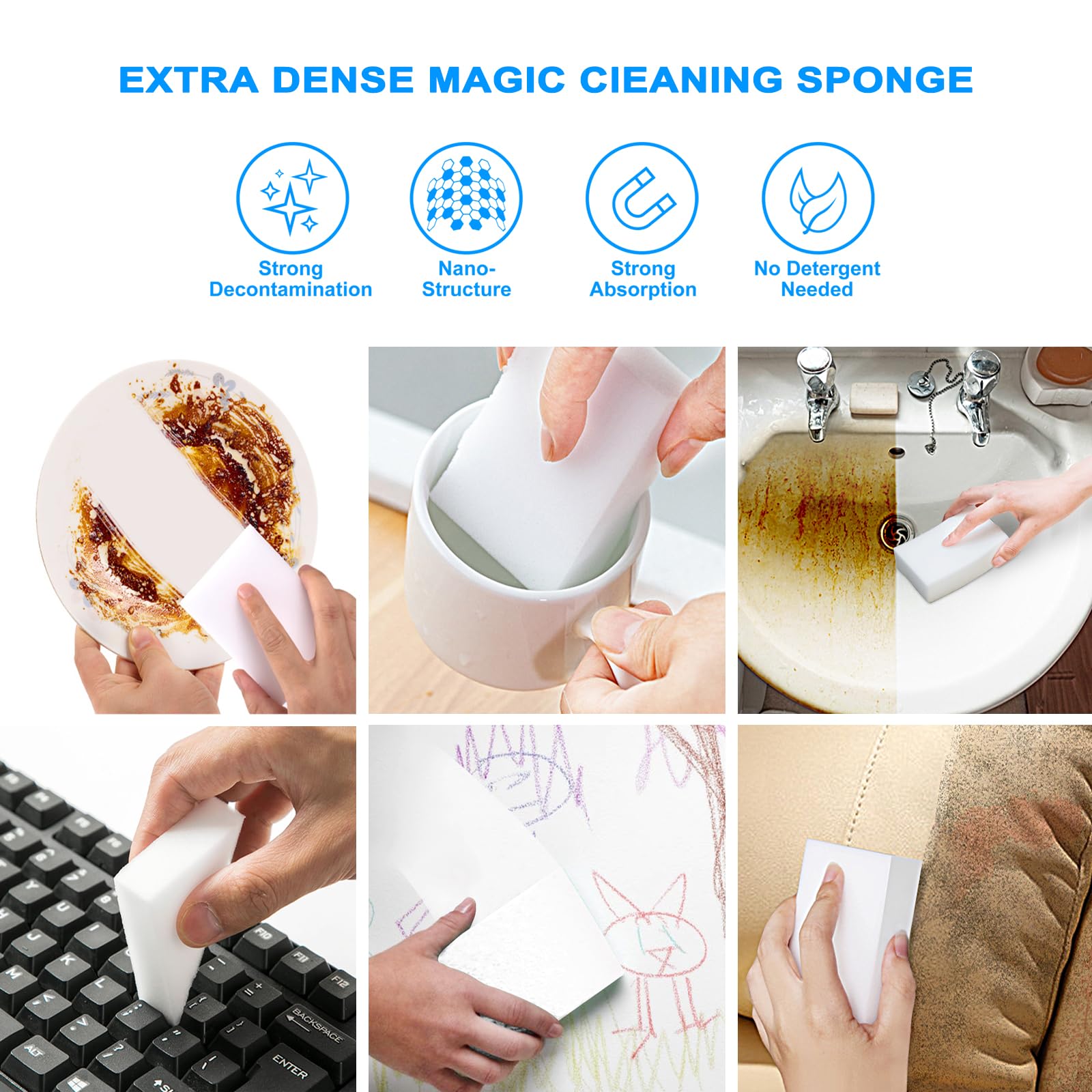 50 Pack Melamine Sponge, Magic Sponge Eraser, Durable Multi-Purpose Premium Melamine Foam Eraser for All Oil Stains, Coffee Cup Stains, Bathroom, Kitchen, Leather, Shoes, Walls, car interiors.