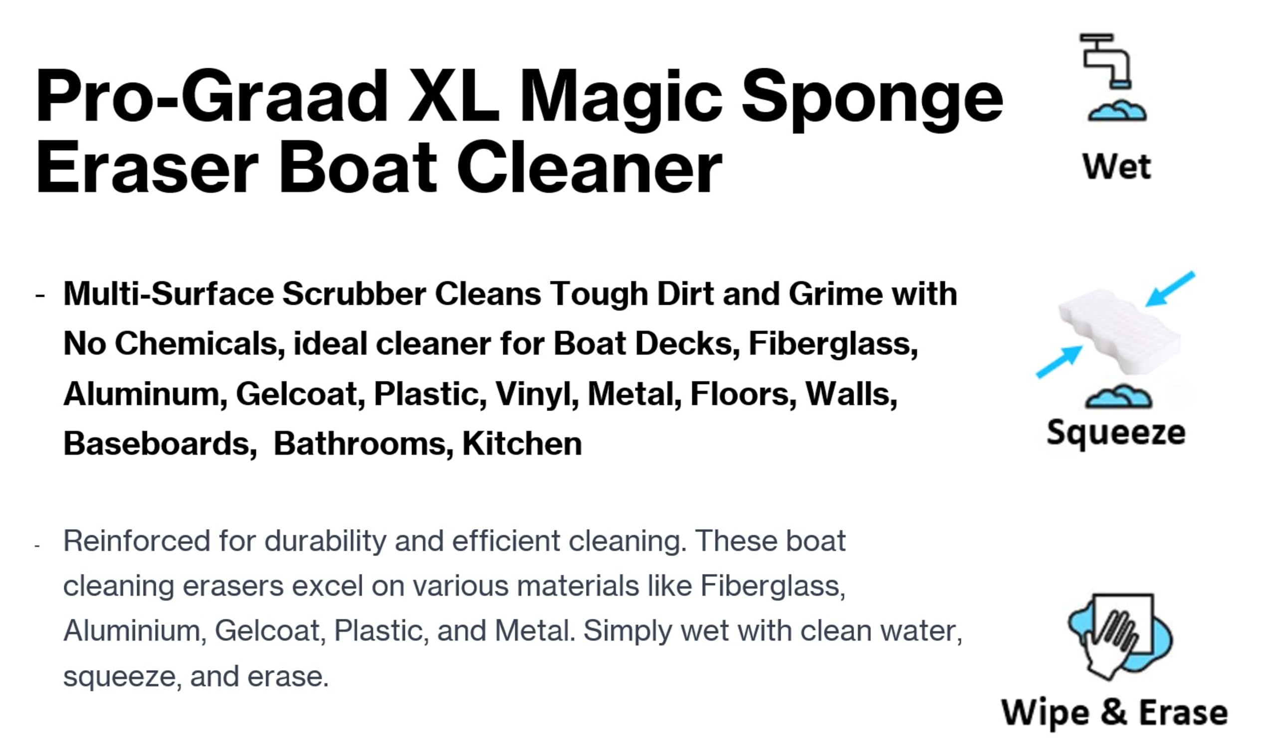 Pro-Graad 4 Pack XL Magic Sponge Eraser Cleaner, 6” x 3.5” x 2” Eraser Pads, Cleans Scuffs, Marks & Dirt from Kitchen, Bathroom, Boat Decks, Fiberglass, Aluminum, Gelcoat, Plastic, Vinyl & Metal