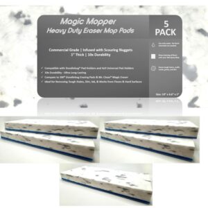 Magic Mopper 4.5" x 10" Heavy Duty Mop Floor Cleaning Eraser Pads Infused with Scouring Nuggets 10x Durability Commercial Grade Floor Baseboard Walls, Compare to Magic Eraser – Doodlebug Pad, 5 Pack