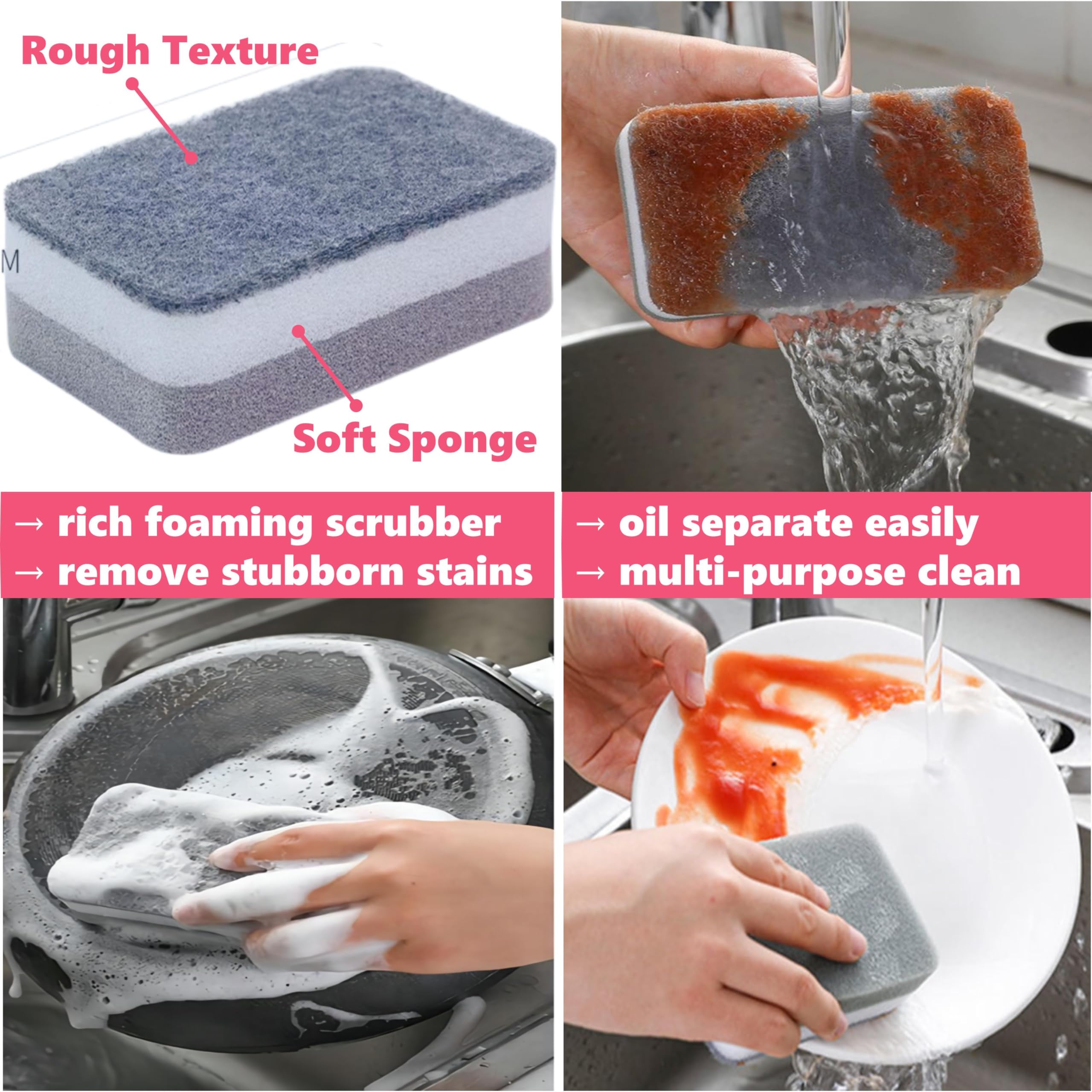 Cleaning Brush Magic Eraser Sponge - Refills Soap Dispenser Non-Scratch Dishwand Scrubber Sets,Dish Cast Iron Scrub Scouring Pads Cleaner for Household Kitchen Bathroom Sink(Grey)