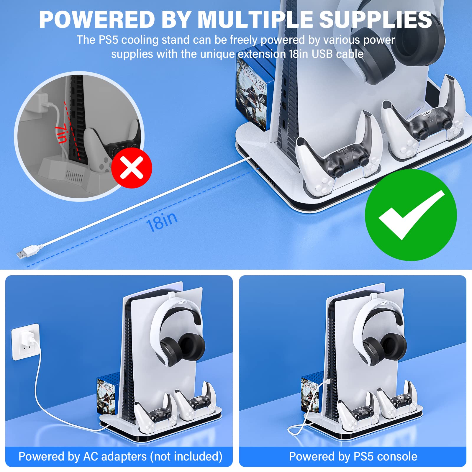 Stand with Cooling Fan and Dual Controller Charger for PS5 Cooling Station Accessories with Cooling Fan Controller Charging Station with 13 Game Slots Headset Holder(Not Fit PS5 Slim Versions)