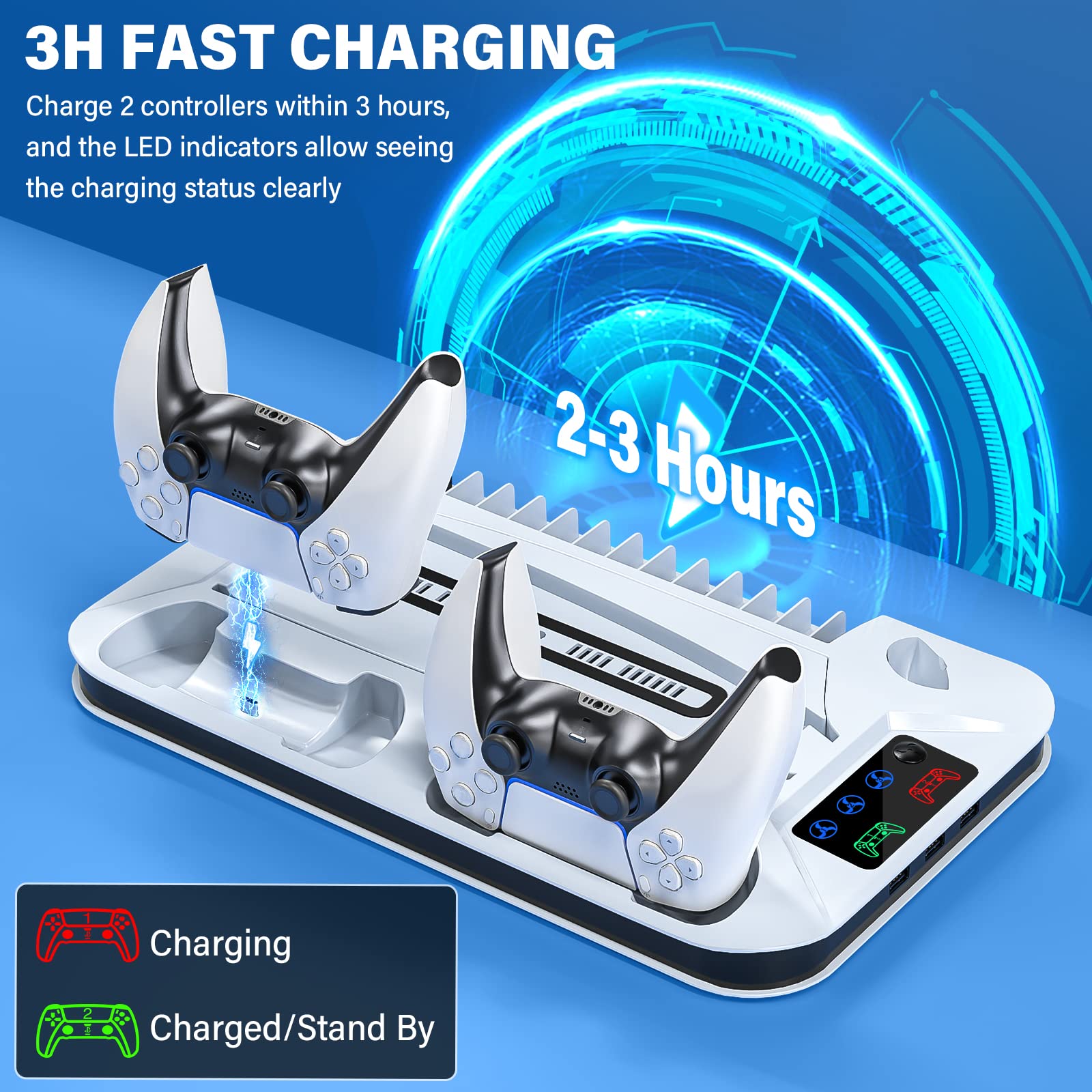 Stand with Cooling Fan and Dual Controller Charger for PS5 Cooling Station Accessories with Cooling Fan Controller Charging Station with 13 Game Slots Headset Holder(Not Fit PS5 Slim Versions)