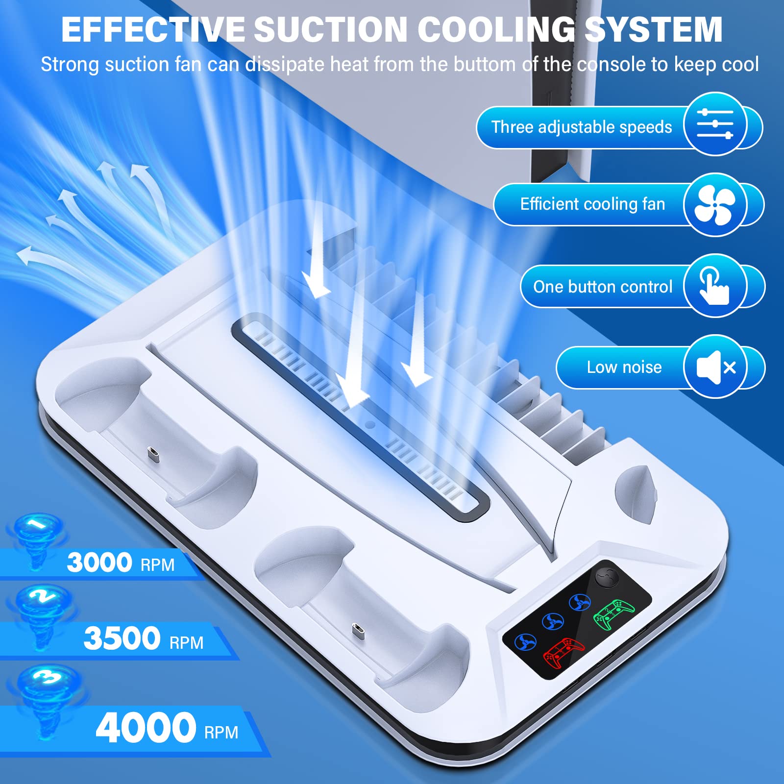 Stand with Cooling Fan and Dual Controller Charger for PS5 Cooling Station Accessories with Cooling Fan Controller Charging Station with 13 Game Slots Headset Holder(Not Fit PS5 Slim Versions)