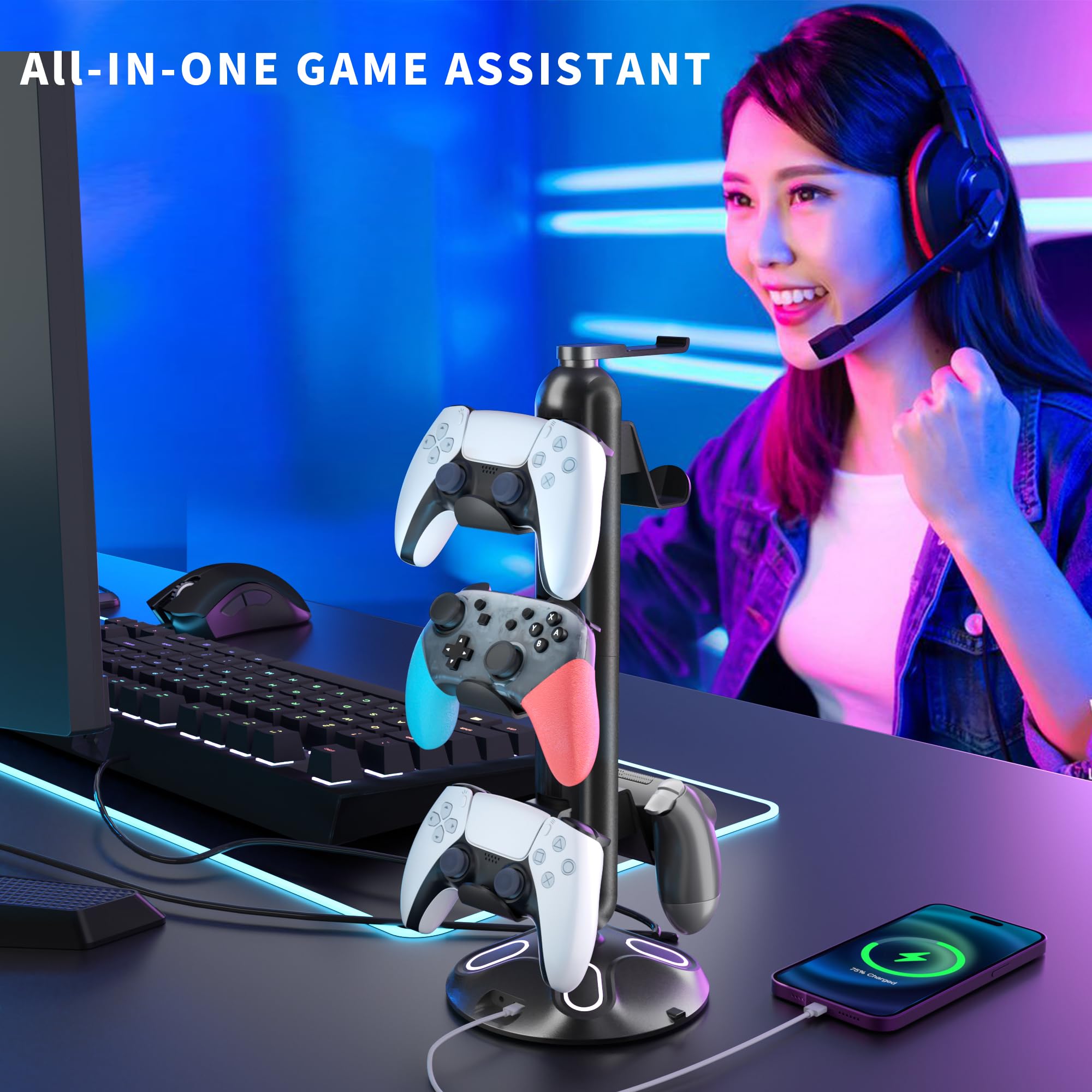 Gaming RGB Headphone Stand,Canmarin Controller Holder with 9 Light Modes - Headset Stand with 2 USB Charging Ports and 3.5mm & Type-C - Controller Stand Hanger Accessories for Desk and Gamer(Black) A